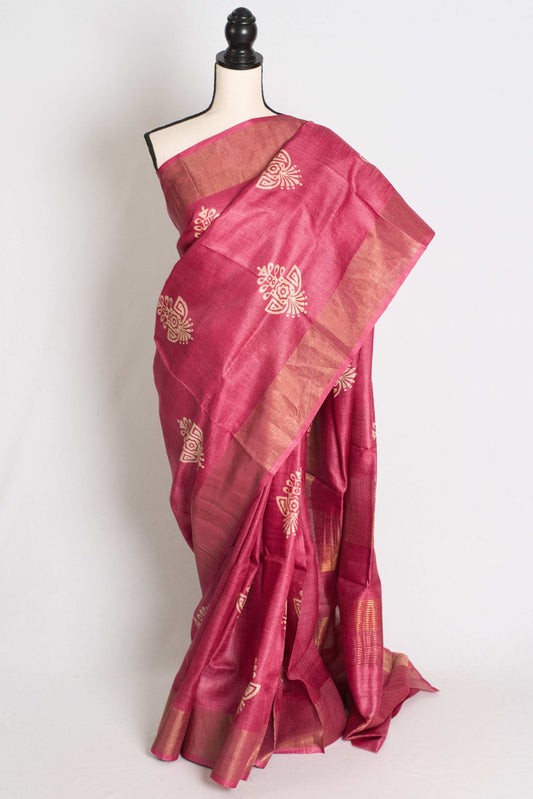 Sudha: Hand Block Printed Pink Tussar Silk Saree with Gold Muted Border image 0