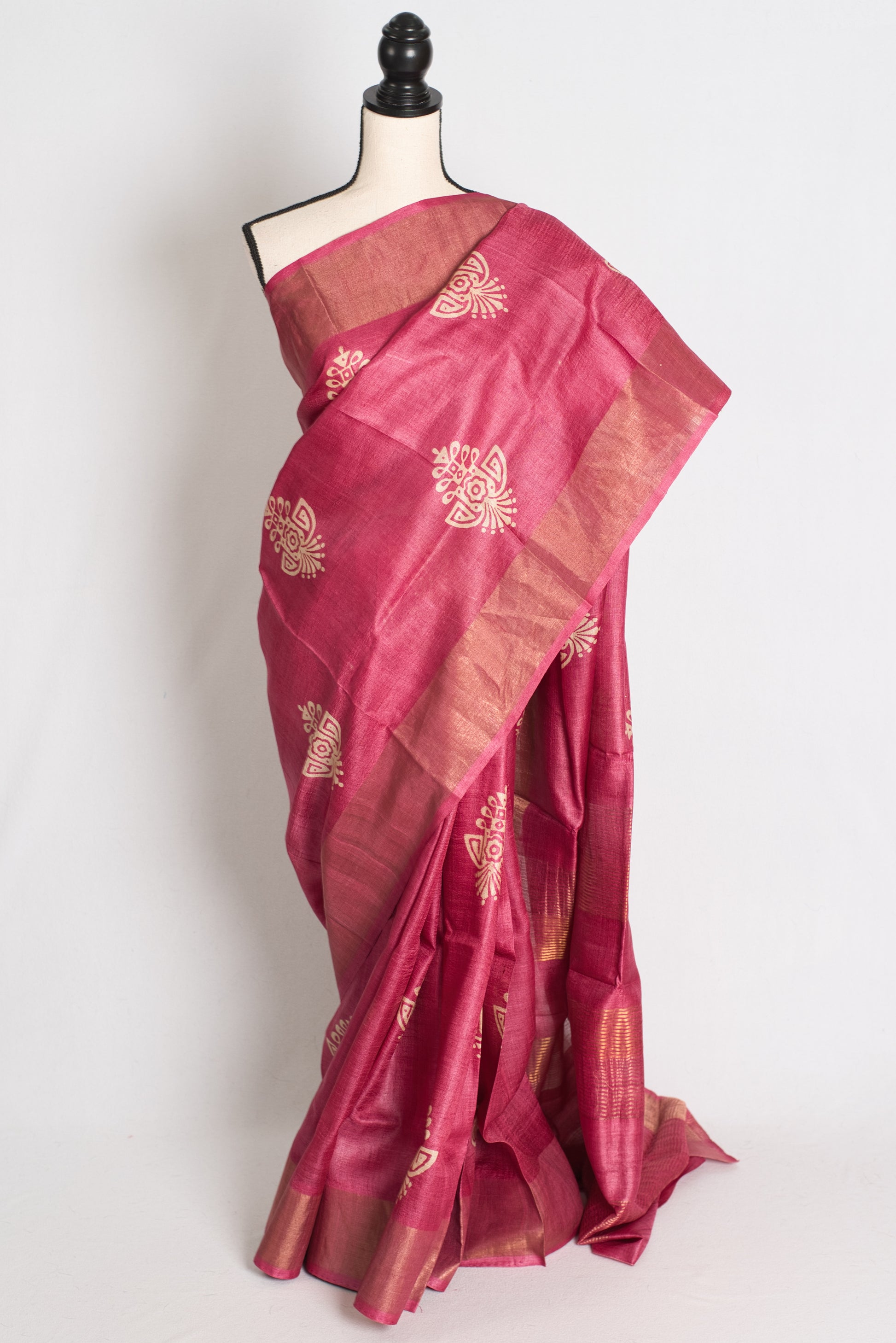 Sudha: Hand Block Printed Pink Tussar Silk Saree with Gold Muted Border image 0