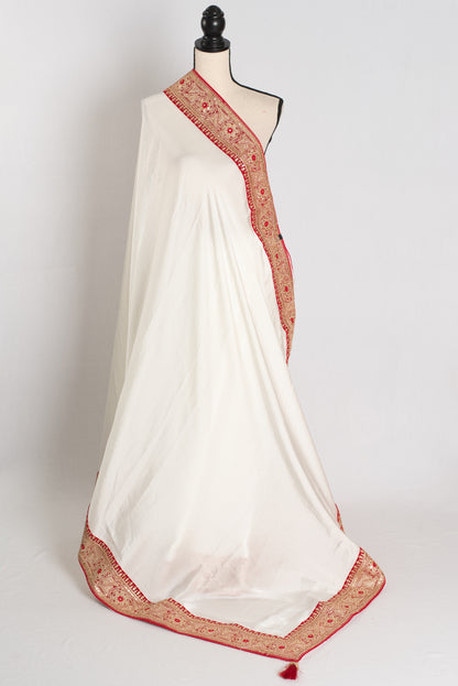 Farah : Off White and Red Patch Border Designer Satin Silk Partywear Saree image 1