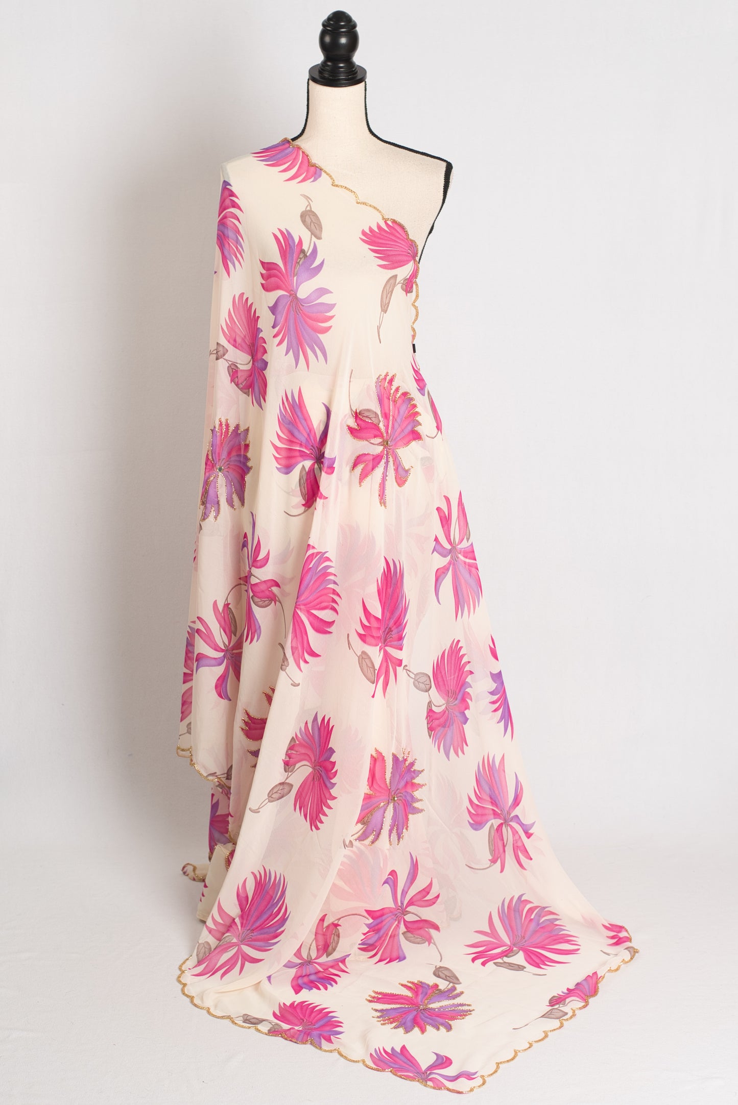 Indira : Off White and Pink Floral Georgette Hand Embroidered Designer Saree image 1