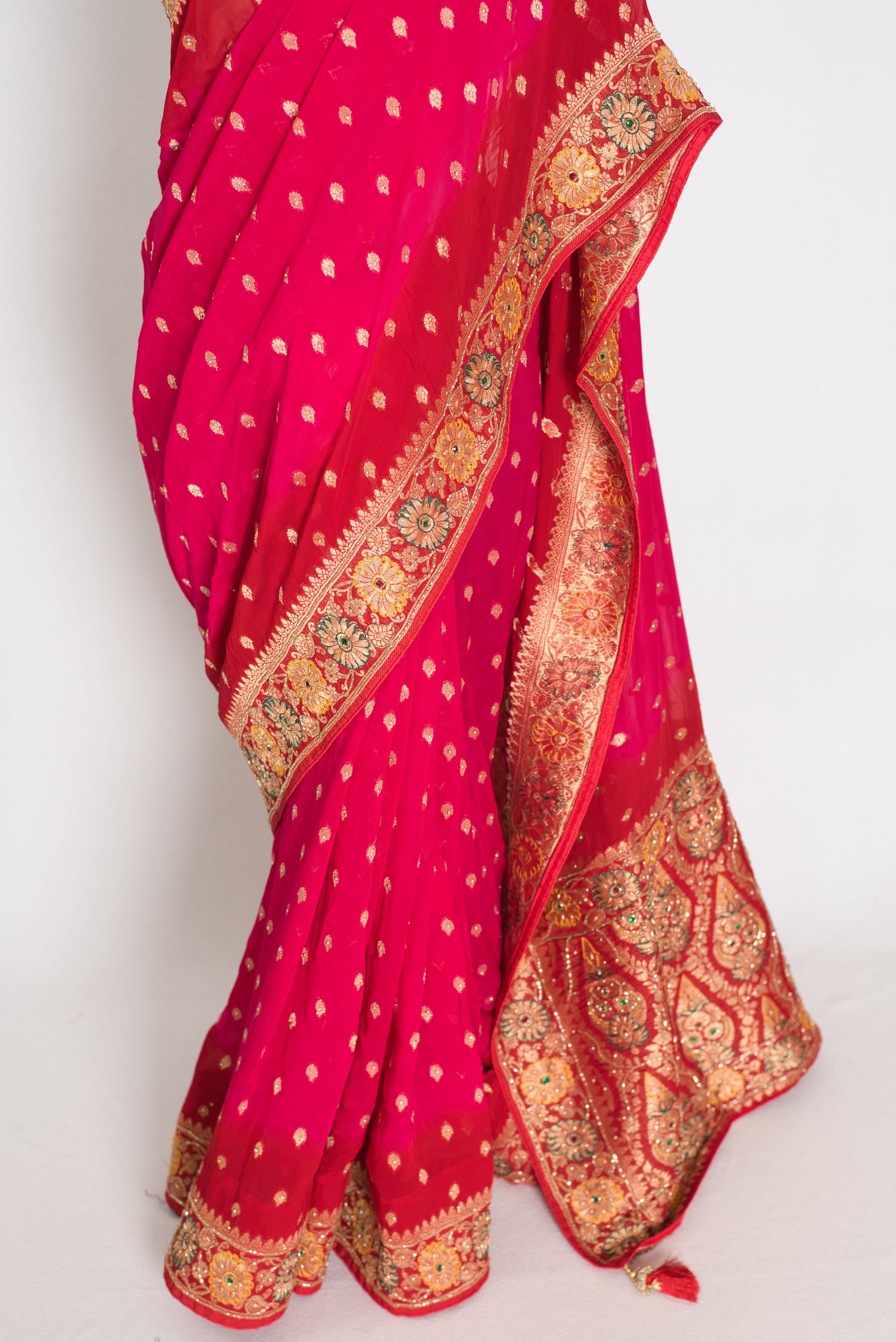 Nadira | Dark Pink & Red Crepe Georgette Banarasi Saree | Hand-Embroidery image 3