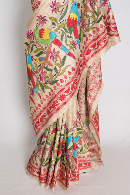 Kavitha : Pure Gachi Tussar Hand Embroidered Kantha Stitch Saree image 5