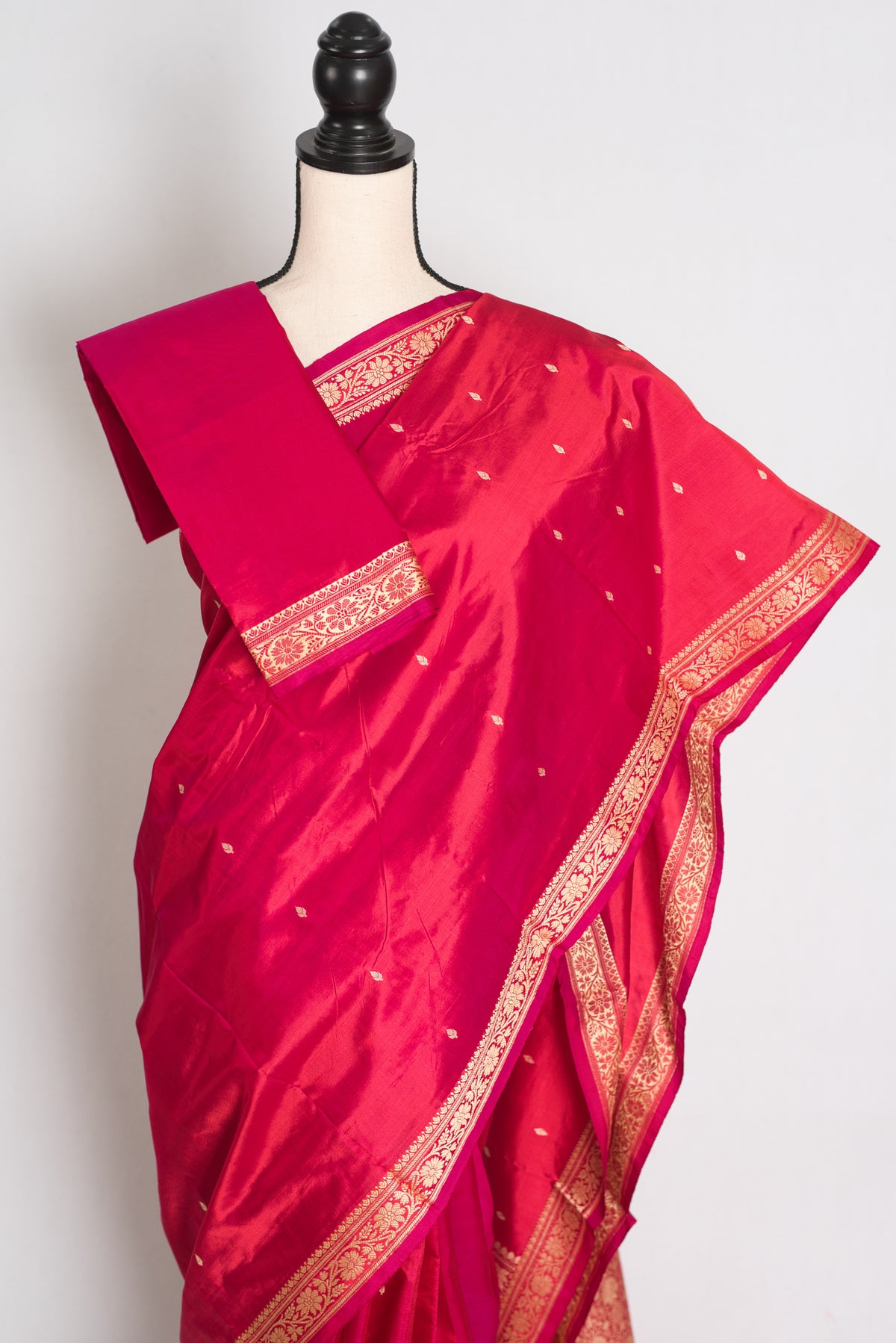 Rosy Pink Banarasi saree — drape view