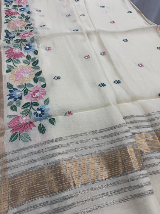 Liza | Beige Blended Cotton Saree | Vibrant Multi-Color Floral Embroidery image 1