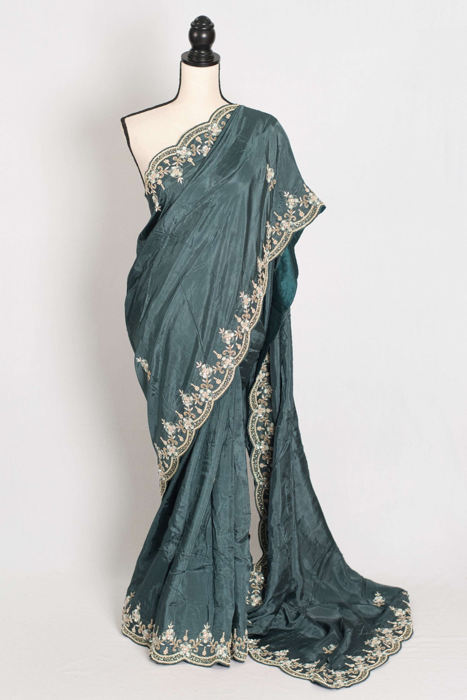 Zaina : English Green Hand Embroidered Zardozi Party Wear Saree image 0