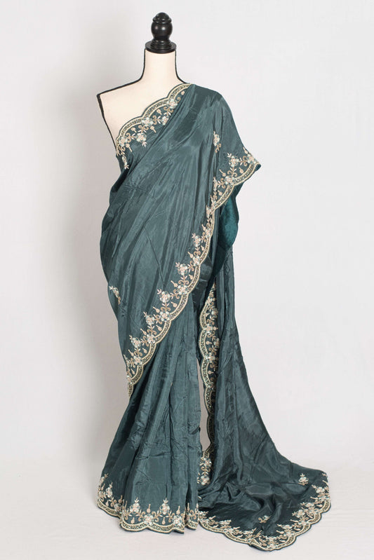Zaina : English Green Hand Embroidered Zardozi Party Wear Saree image 0