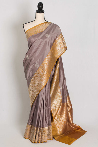 Basuri : Certified Silk Banarasi Saree in English Brown with Silver Zari image 0