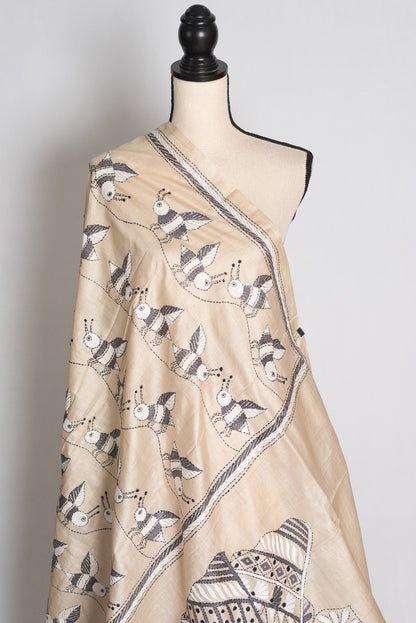 Bhromor: Hand-Embroidered Kantha Stitch Gachi Tussar Silk Saree image 4