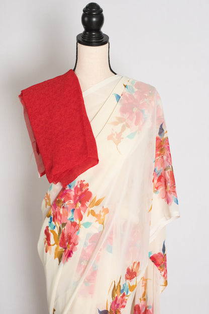 Liza : Cream and Red Floral Printed Chiffon Georgette Saree image 2