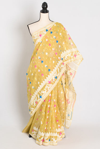 Srija : Blended Soft Cotton Jamdani Bengali Saree in Pineapple Yellow image 0