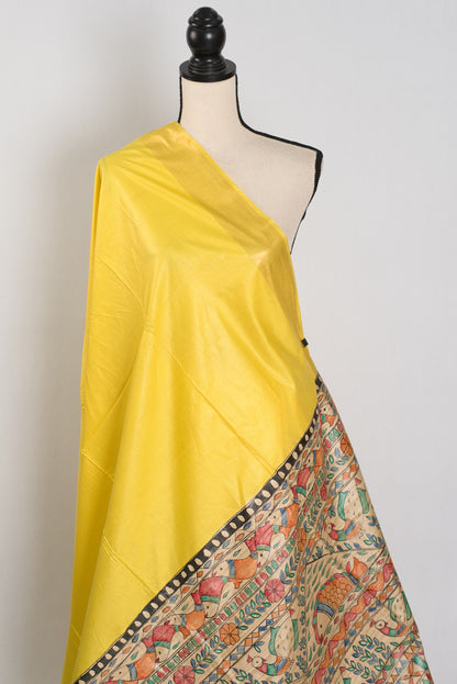Ragini :Bright Yellow Staple Tussar Saree | Hand-Painted Madhubani Pallu image 4