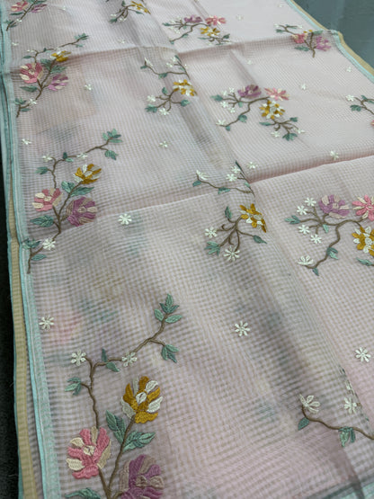 Rohini | Pink Floral Embroidery Blended Cotton Kota Saree image 7