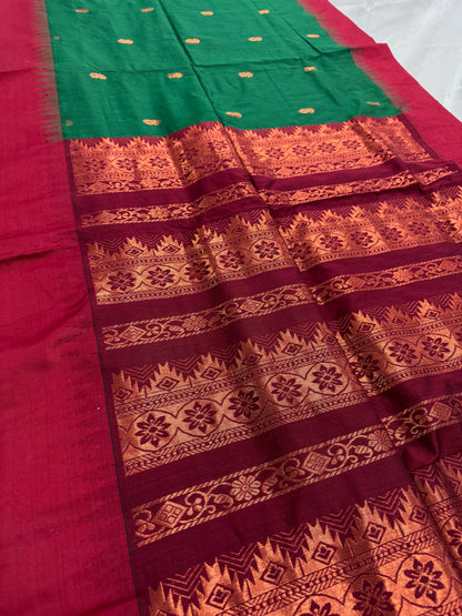 Gayetri: Dark Green Blended Cotton Gadwal Saree with Antique Zari Butis image 4