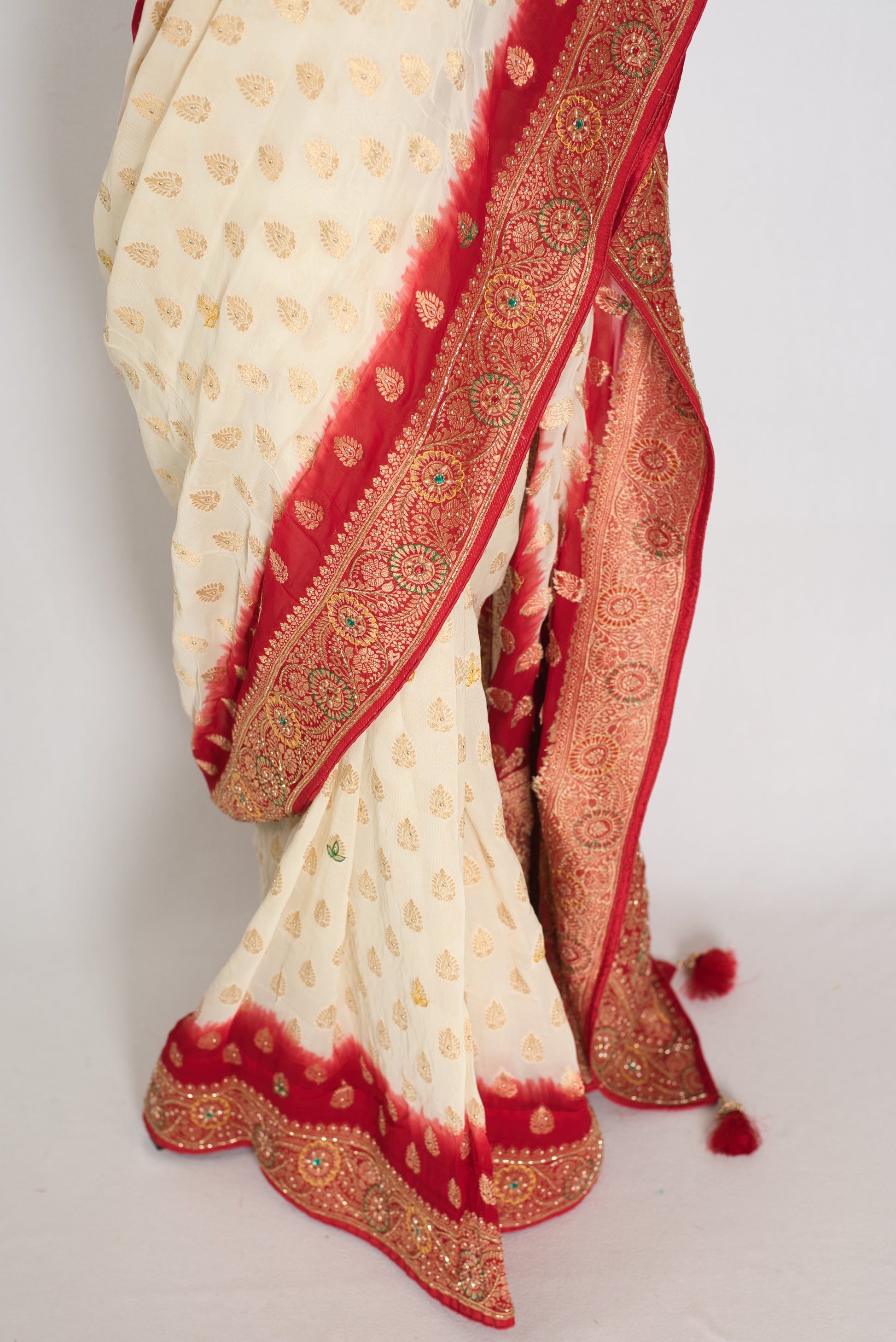 Maya | Off-White & Red Crepe Georgette Banarasi Saree | Bengali Look image 6