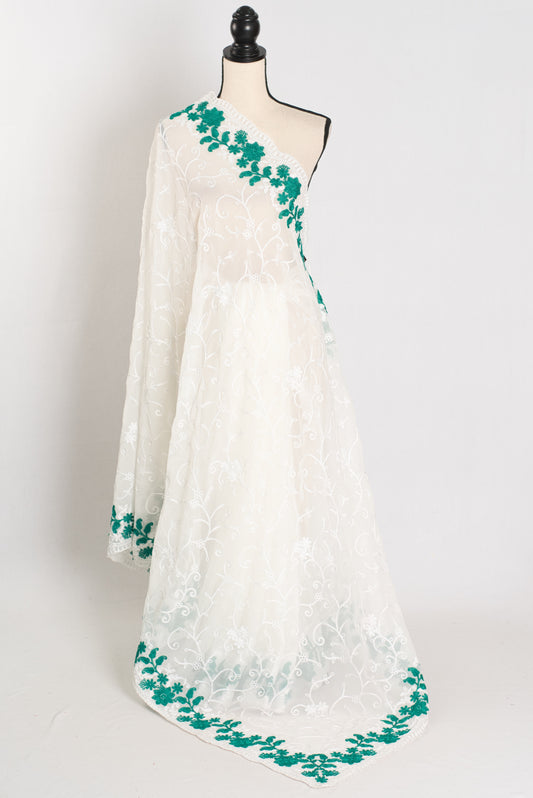 Afrin : Georgette Embroidery Designer Saree in Off White and Green image 1