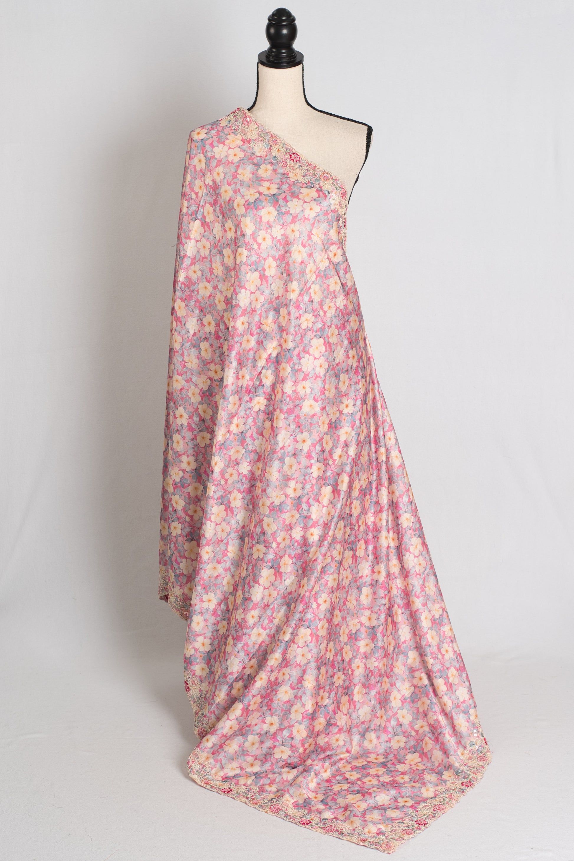 Fiza : Pink Semi Satin Party Wear Saree with Floral Prints and Embroidery image 1