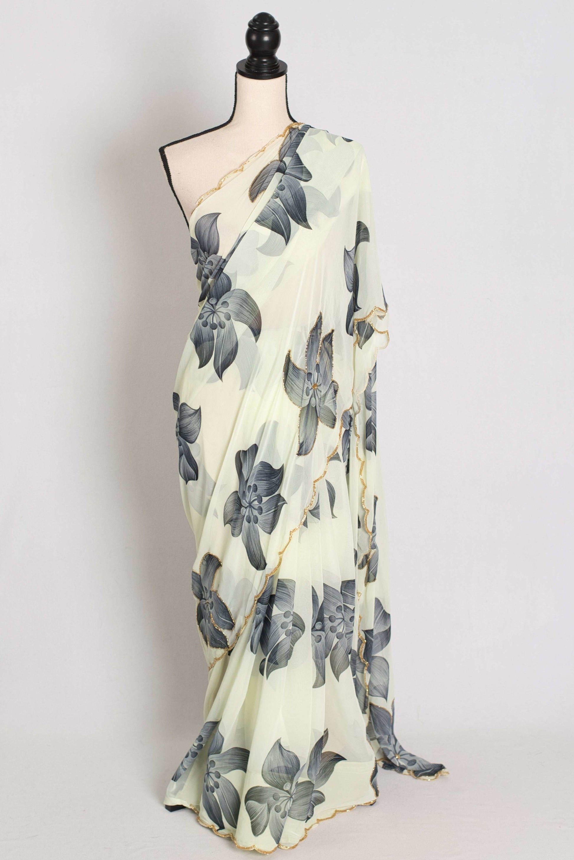 Nibha : Pale Yellow and Gray Floral Georgette Designer Embroidery Saree image 0