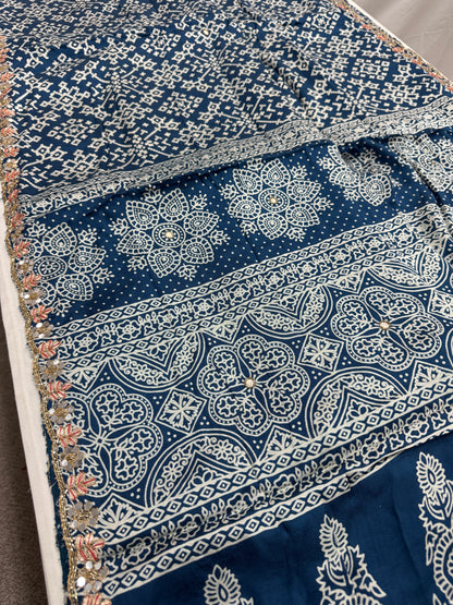 Neelima : Cobalt Blue Modal Silk Ajrakh Saree with Hand Embroidery Work image 5