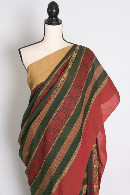 Bottle Green and Red Dhaniakhali saree — drape view