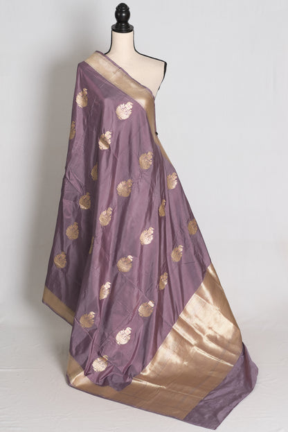 Sudha: Mauve and Gold Banarasi Katan Silk Saree with 40 Size Stitched Blouse image 3