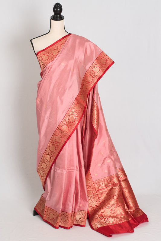Kusum : Certified Silk Banarasi Saree in Soft Blush Pink and Red image 0