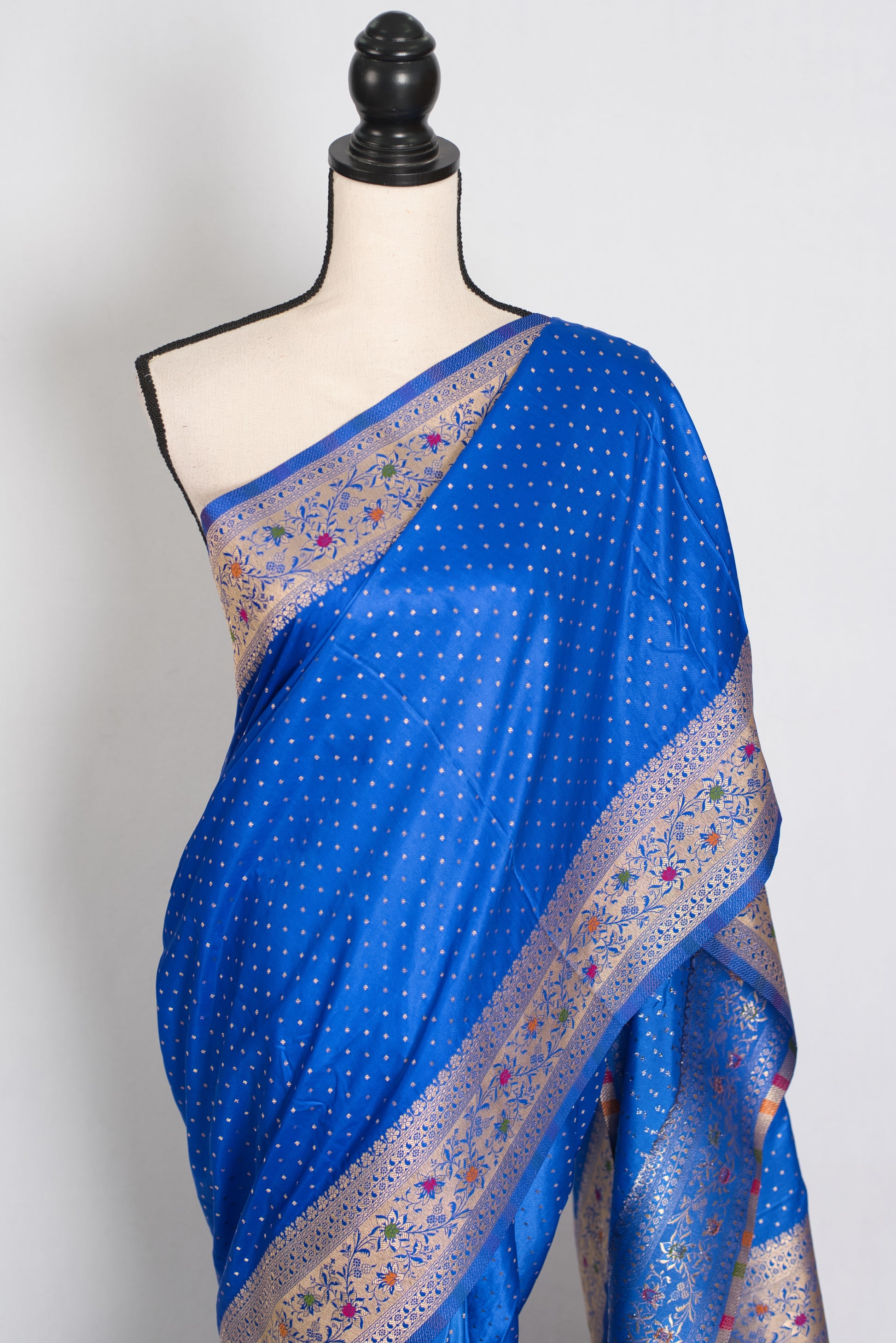 Nila | Blue Semi Mashru Banarasi Saree | Pre-Stitched Size 42 Brocade Blouse image 6