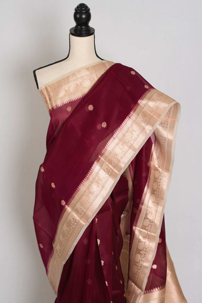 Anuya : Silk Mark Certified Wine and Beige Organza Banarasi Saree image 5