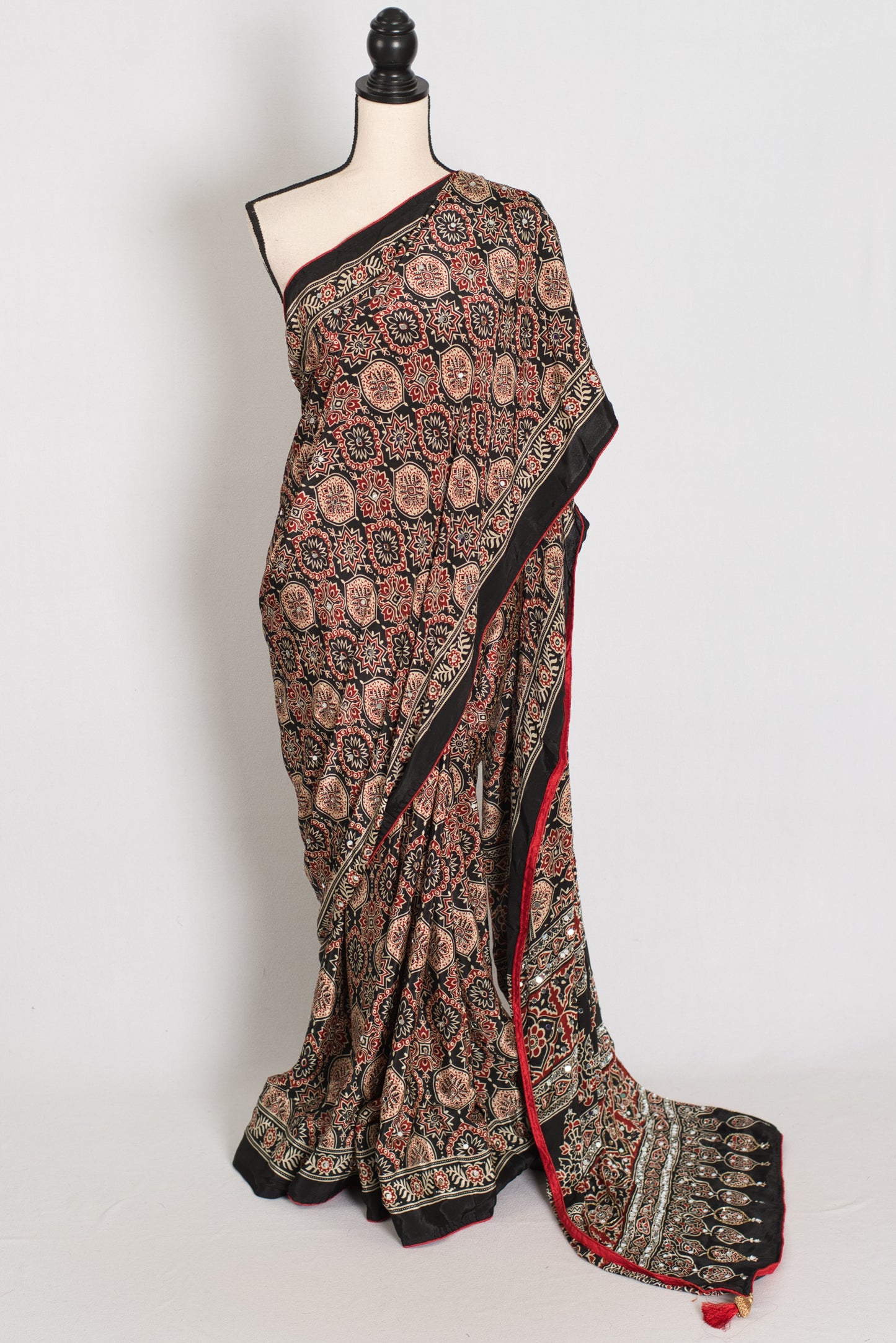 Aliya | Black Ajrakh Printed Mirror Work Saree| Bollywood Inspired Partywear image 0