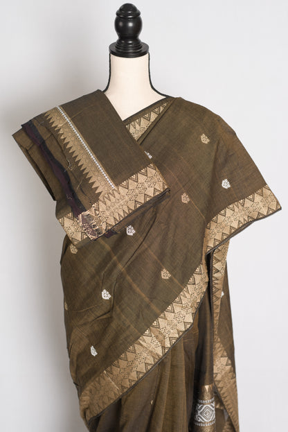 Mala : Snuff Brown Pure Cotton Assamese Handloom Saree image 2