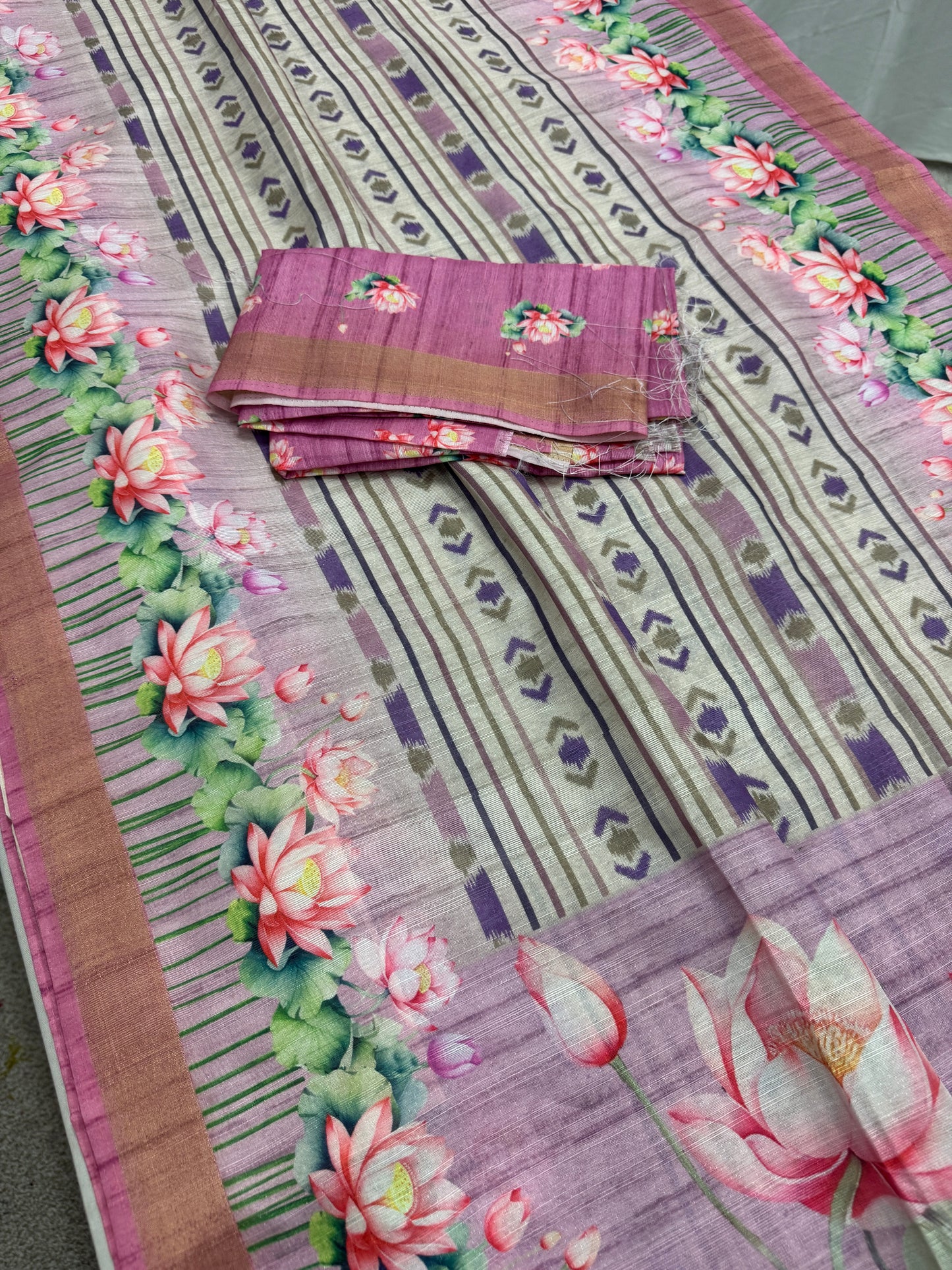 Rai | Off White & Lavender Ikkat Fusion Semi Tussar Saree image 1