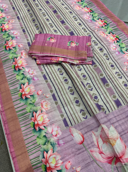 Rai | Off White & Lavender Ikkat Fusion Semi Tussar Saree image 1