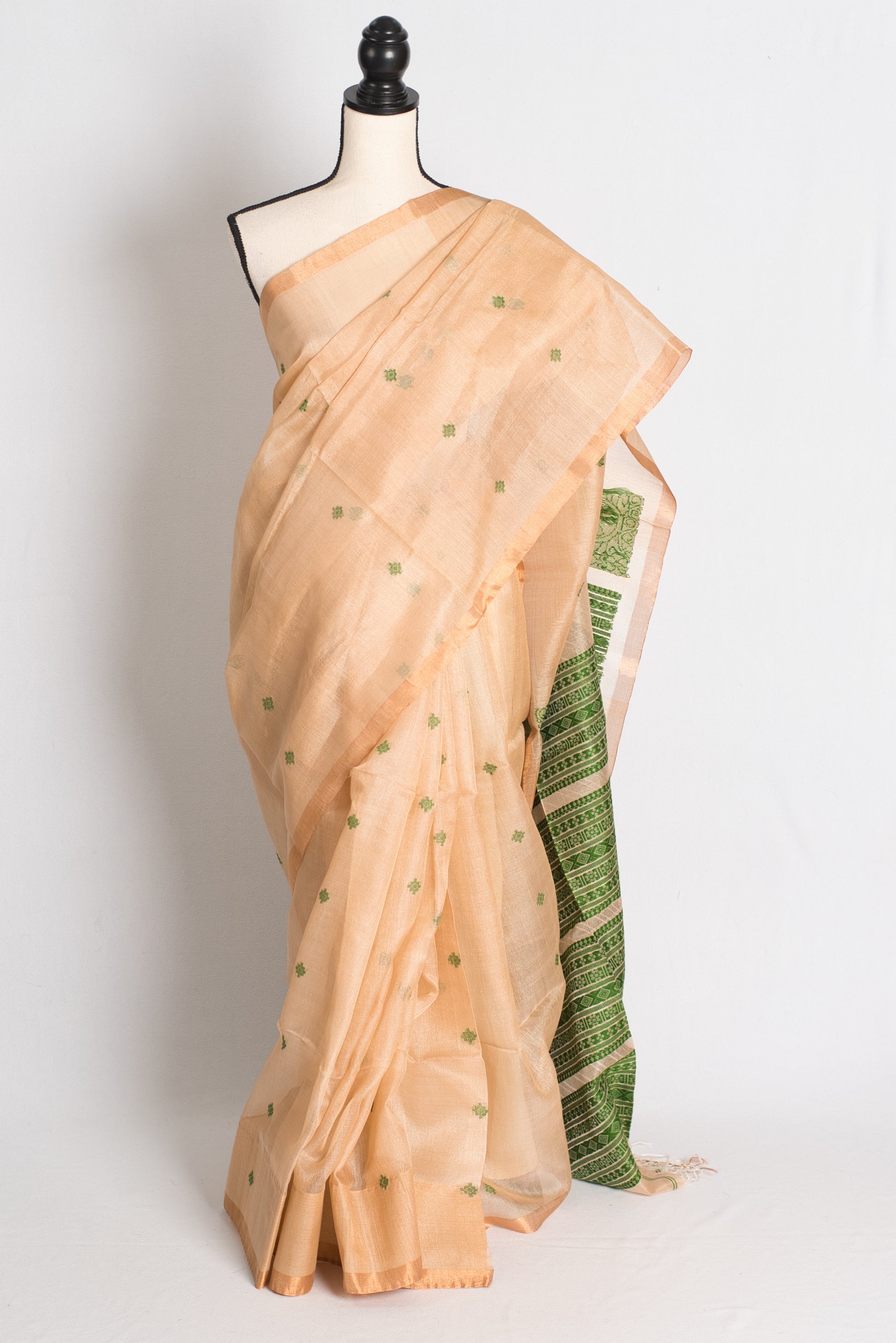 Prerna : Bengal Handloom Tussar Silk Saree in Beige and Green image 0