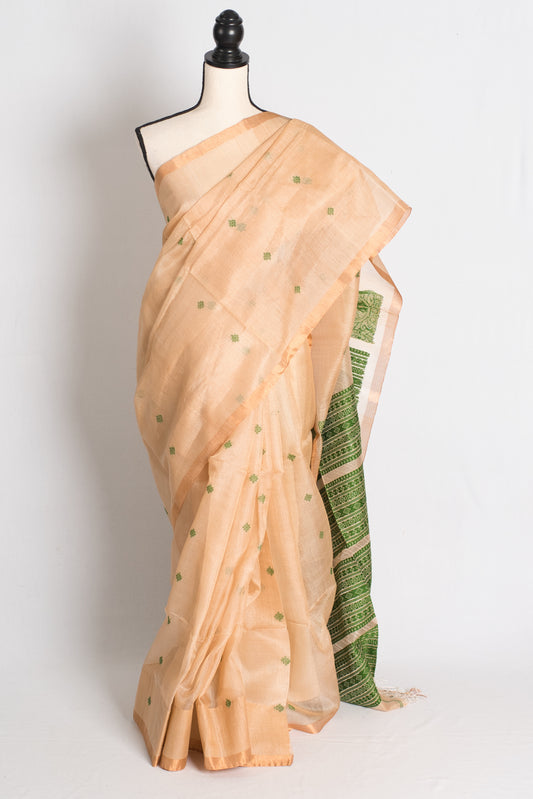 Prerna : Bengal Handloom Tussar Silk Saree in Beige and Green image 0