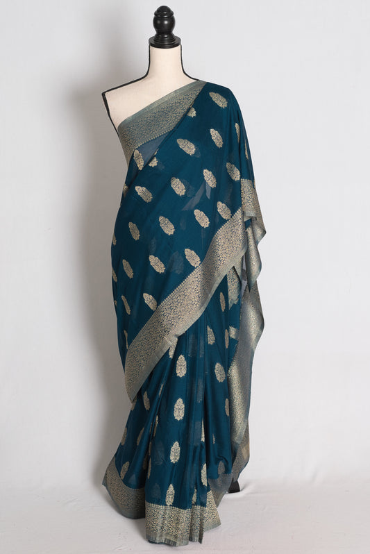 Ila: Blue Semi Georgette Banarasi Saree with 36 Size Stitched Blouse image 0