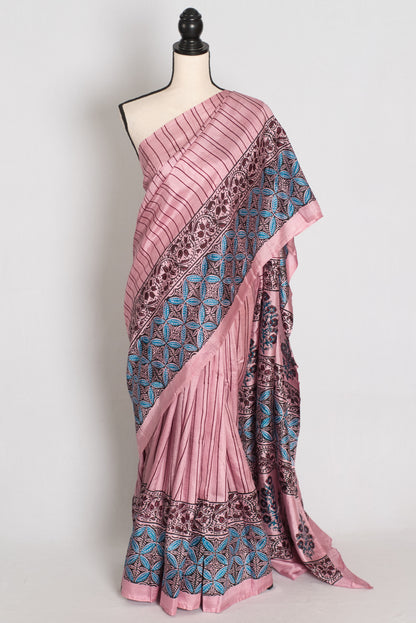 Archana : Soft Pink and Black Hand Block Printed Murshidabad Silk Saree image 0