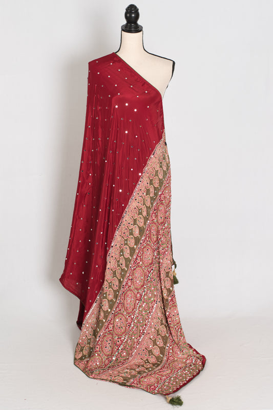 Mouli | Brick Red Mirror Work Partywear Ajrakh Saree | Soft Semi Modal Silk image 1