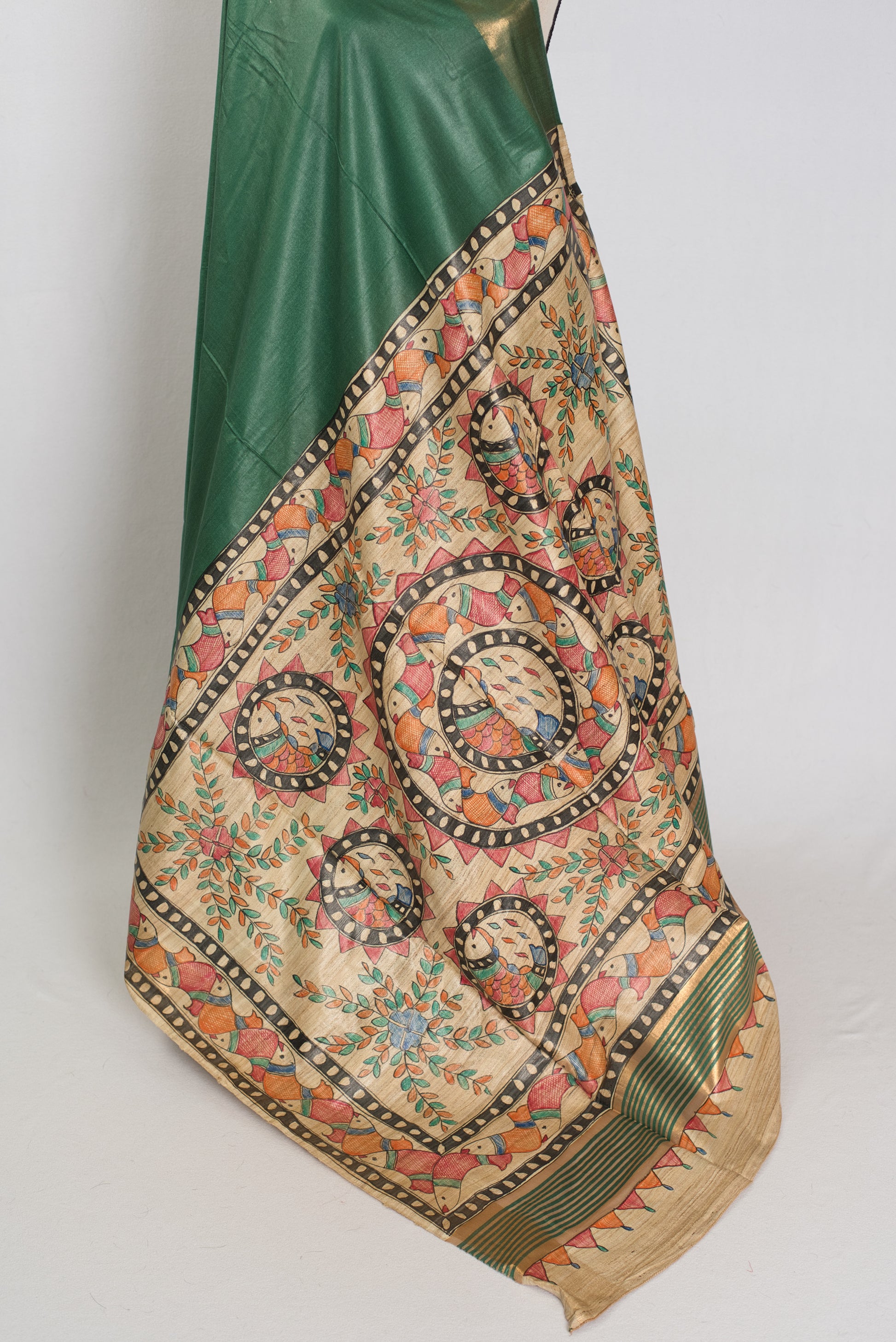 Bina : Dark Green Staple Tussar Saree | Hand-Painted Madhubani Pallu image 3