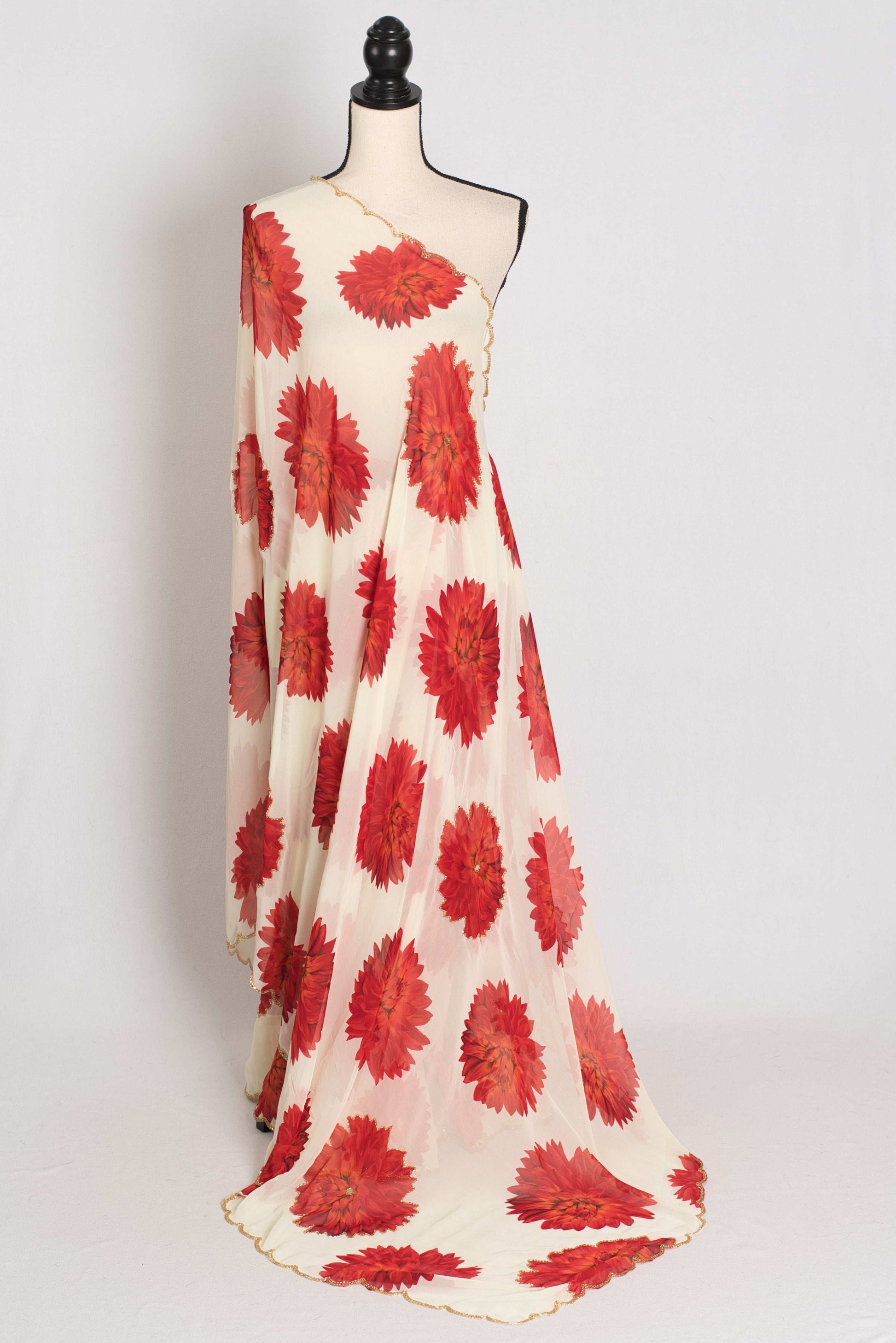 Eesha: Cream and Red Floral Georgette Designer Embroidery Saree image 1