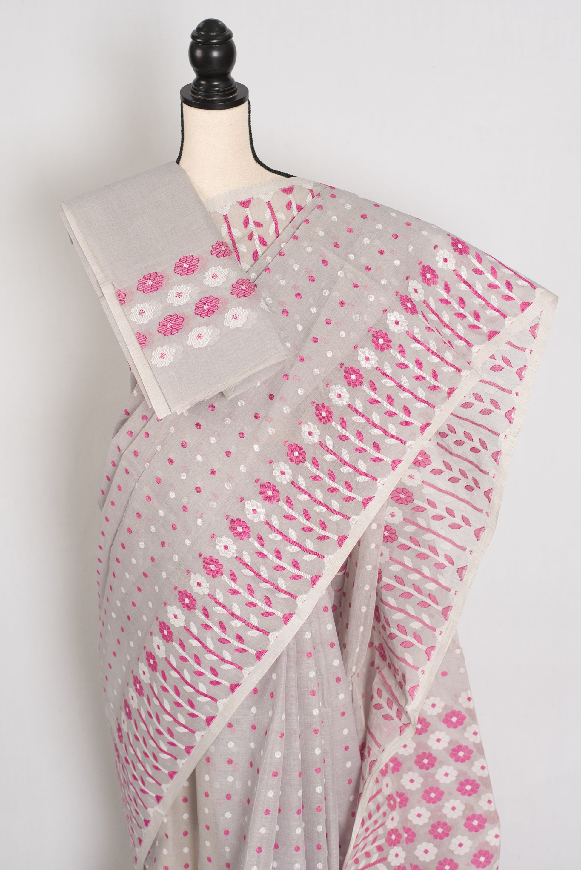 Geeta: Gray, Pink and White Pure Cotton Jamdani Saree with Blouse image 2