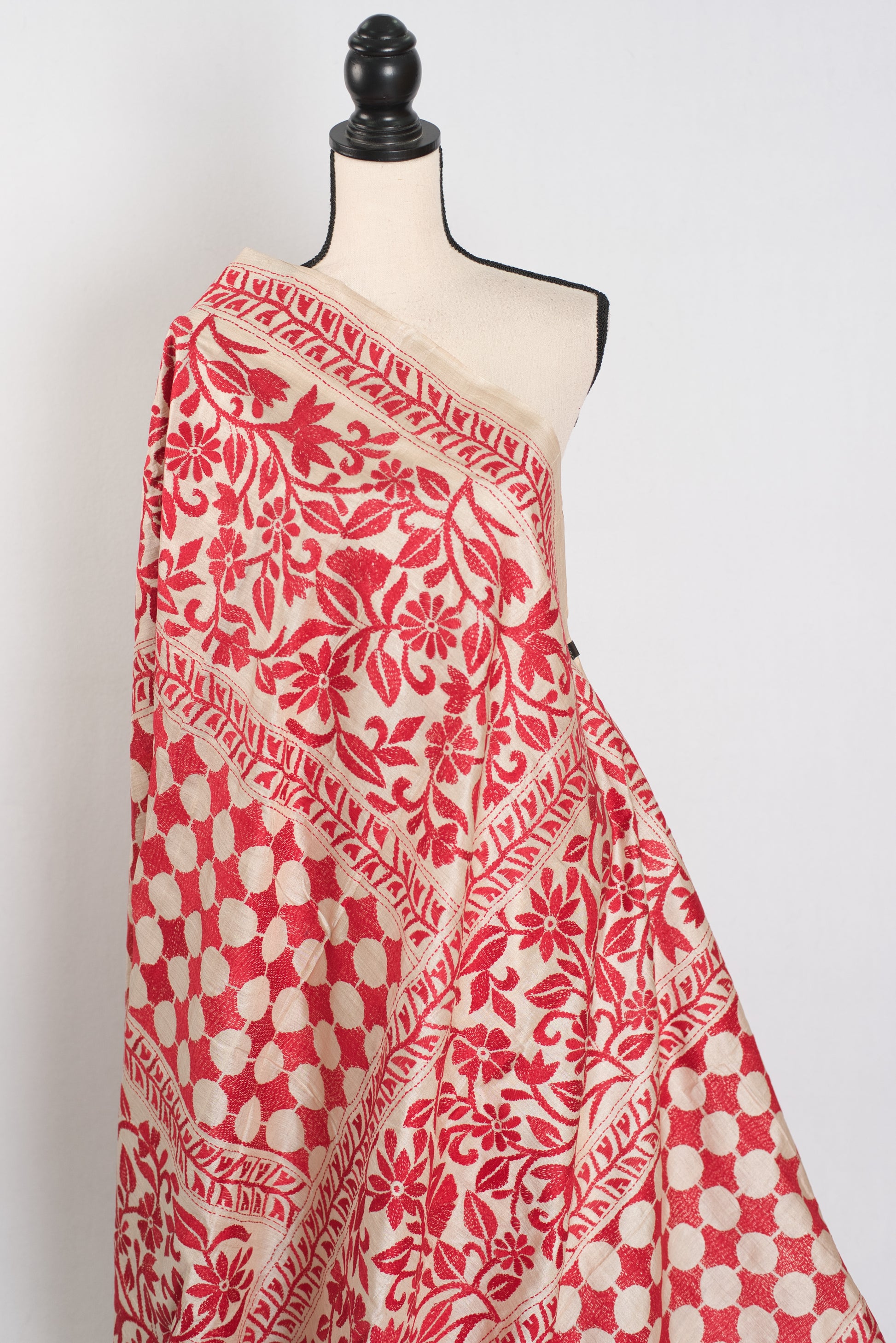 Ahiri | Beige and Red Kantha Stitch Gachi Tussar Silk Saree image 6