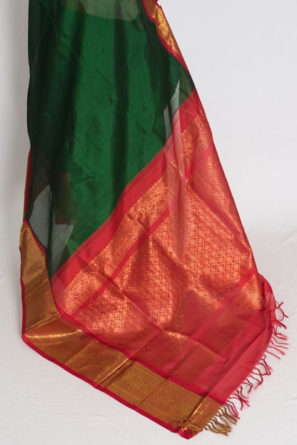 Latha : Bottle Green and Red Cotton Silk Kanjivaram Saree with 36 Size Blouse image 3