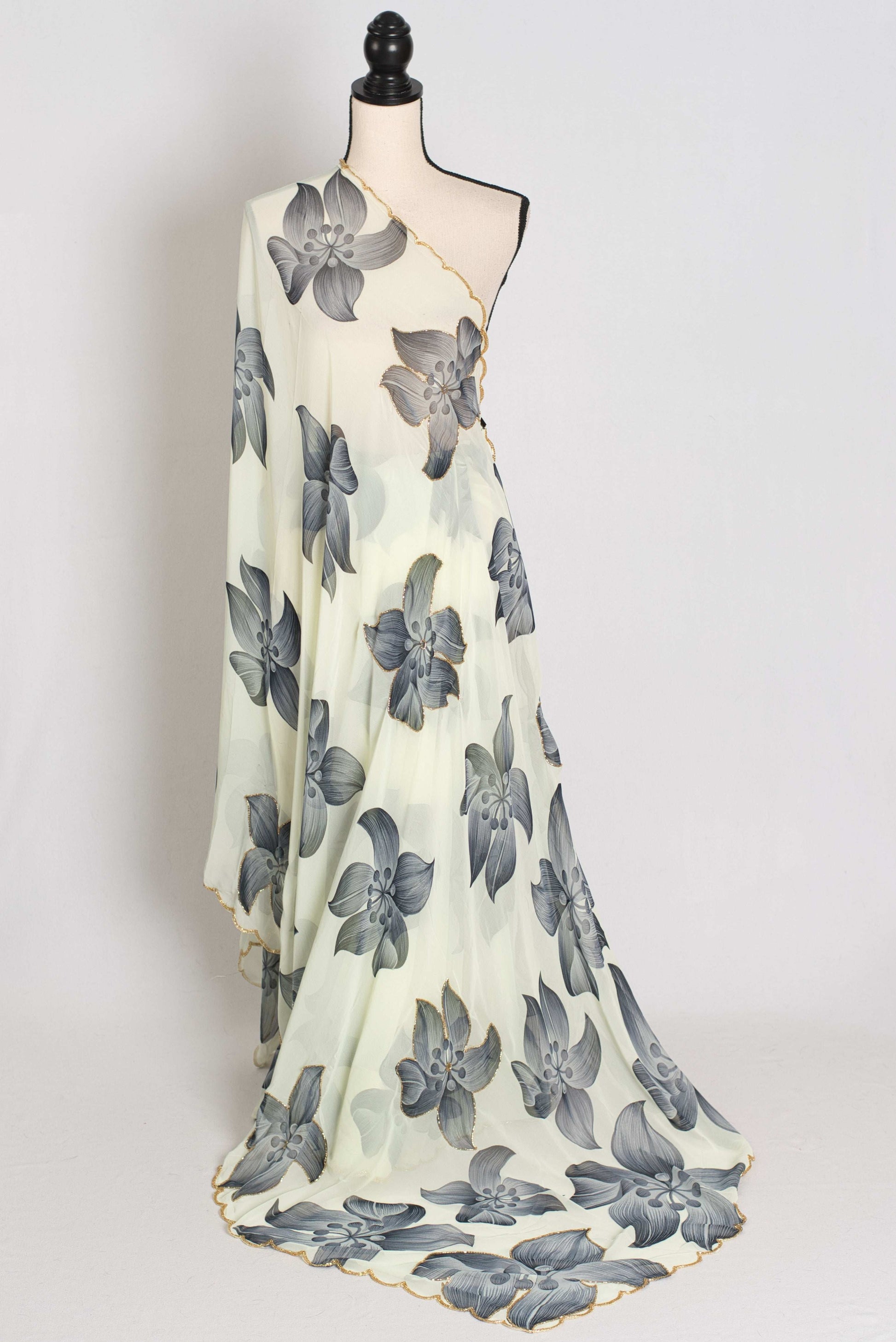 Nibha : Pale Yellow and Gray Floral Georgette Designer Embroidery Saree image 1