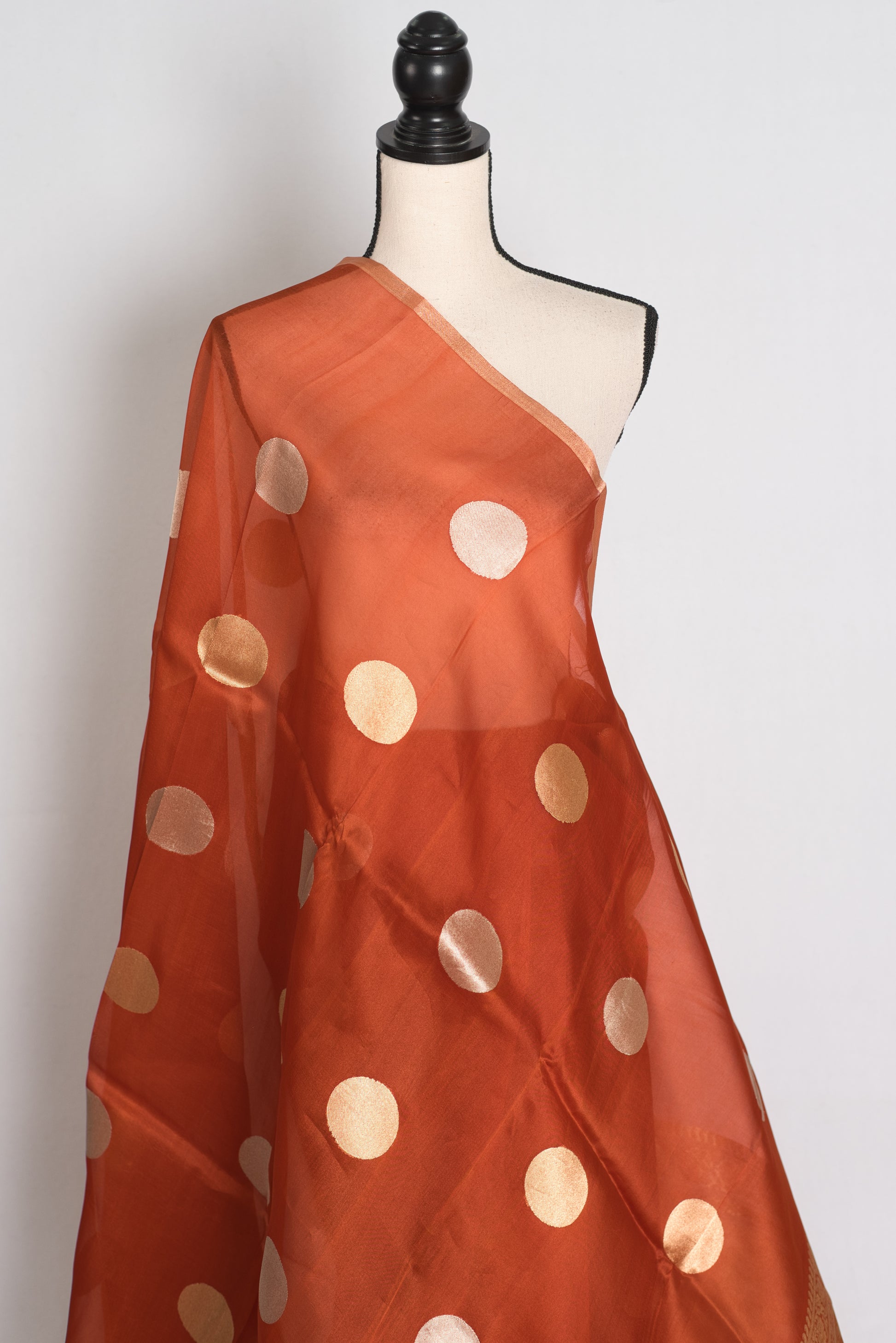 Ira : Rust Brown and Gold Polka Dot Kora Organza Banarasi Saree | Silk Mark image 3