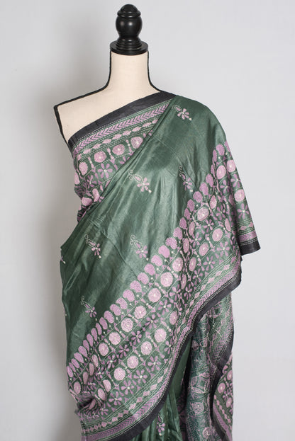 Sandhya : Green and Black Hand Embroidered Kantha Stitch Pure Tussar Silk Saree image 5