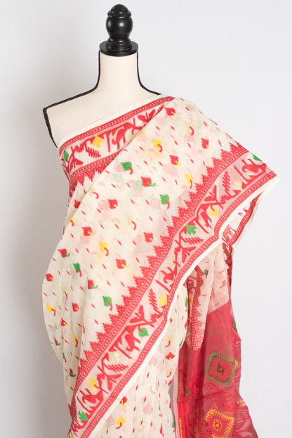 Mitali : Off White and Red Blended Soft Cotton Jamdani Bengali Saree image 4