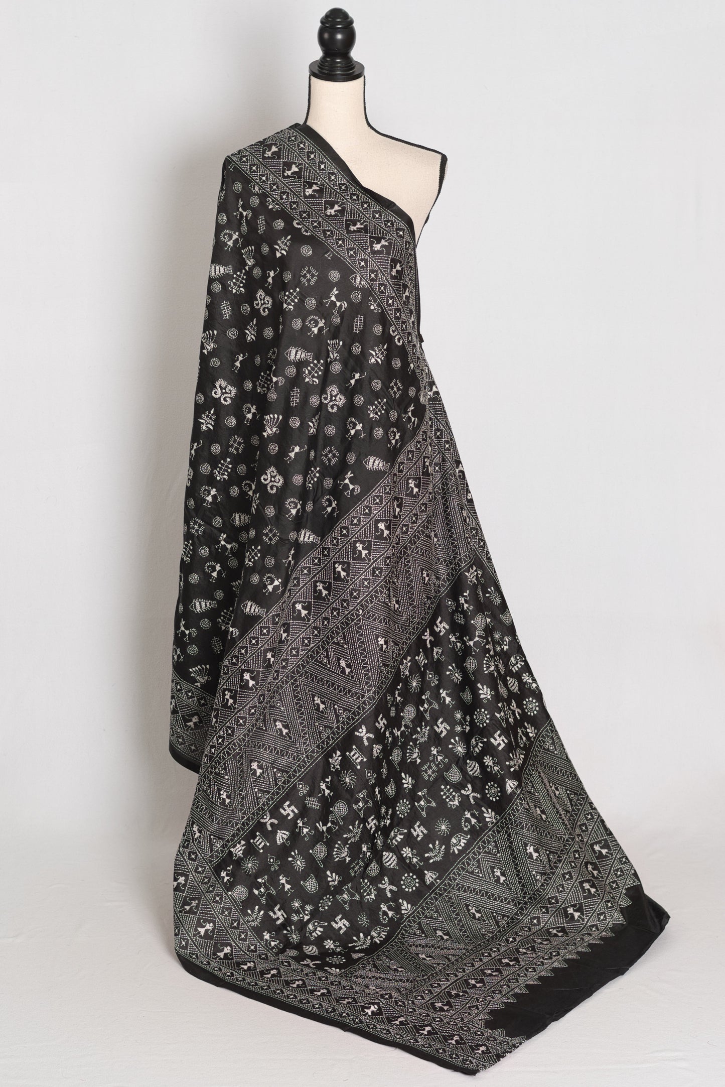 Kriti : Black Pure Silk Hand-Embroidered Kantha Stitch Saree with Warli Designi image 1