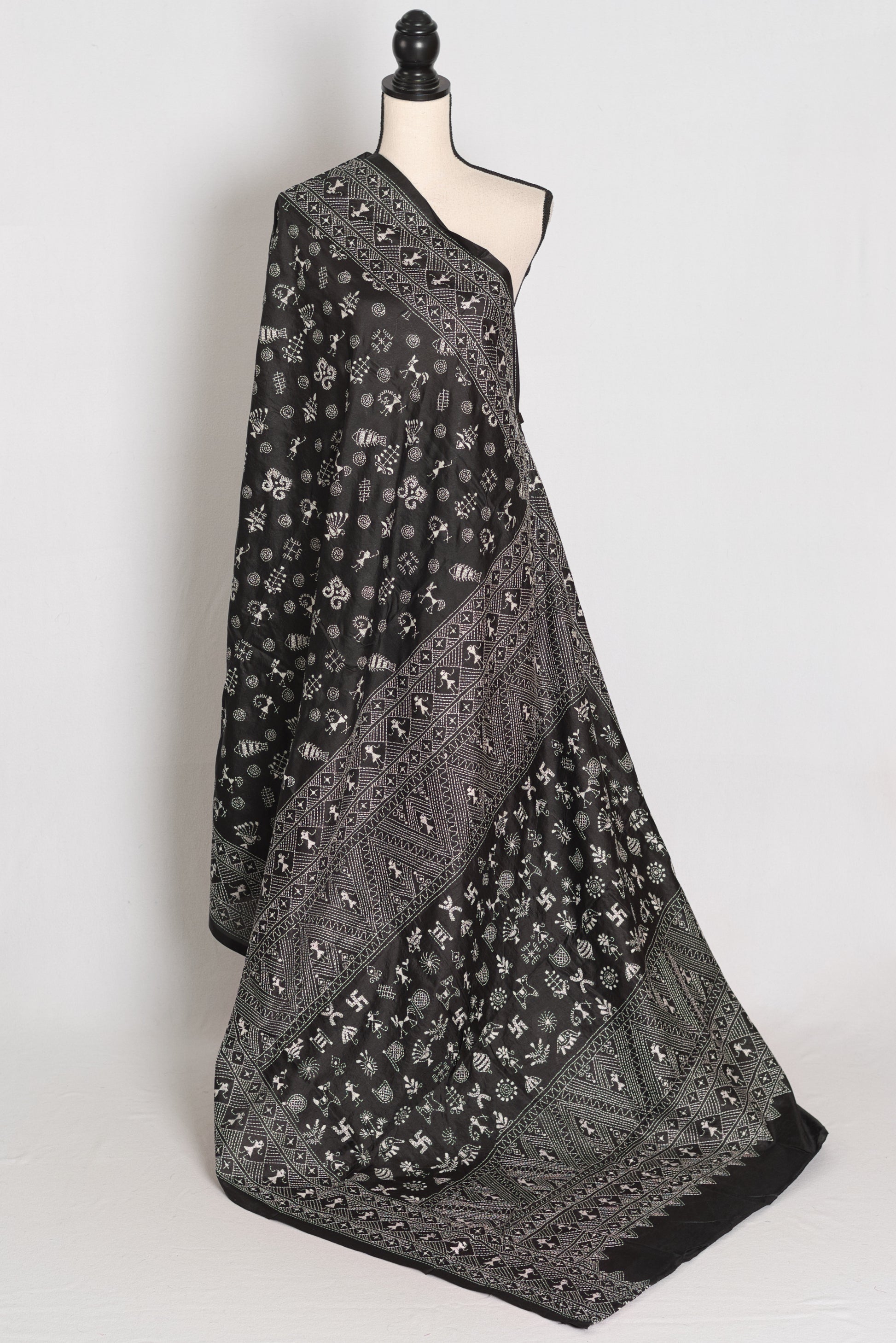 Kriti : Black Pure Silk Hand-Embroidered Kantha Stitch Saree with Warli Designi image 1