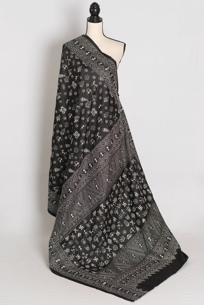 Kriti : Black Pure Silk Hand-Embroidered Kantha Stitch Saree with Warli Designi image 1
