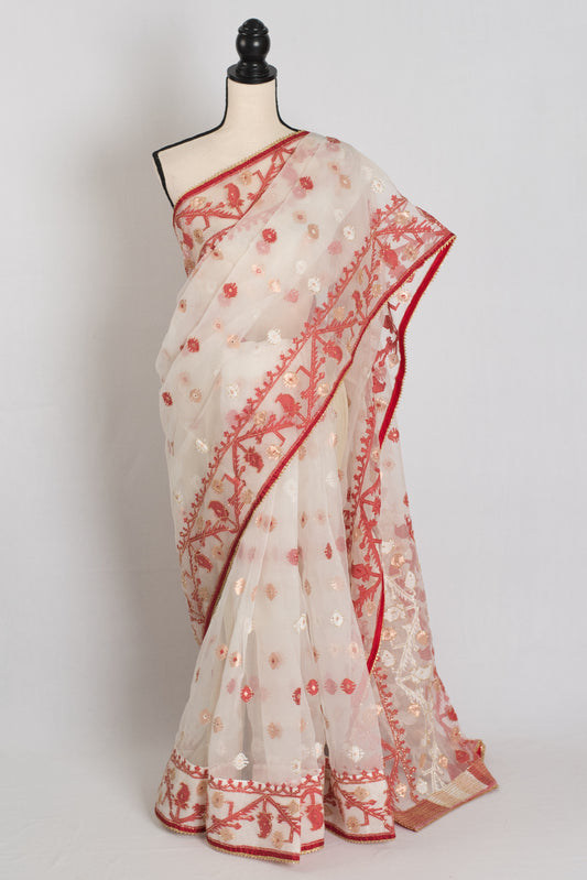Zehra : White and Red Semi Muslin Jamdani Saree with Cut Dana Hand Embroidery image 0
