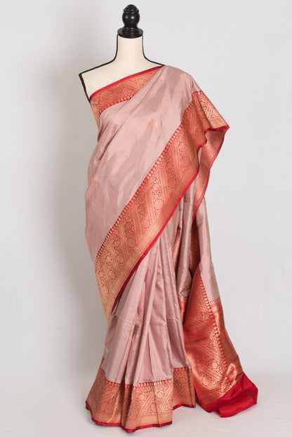 Bidisha : Certified Silk Banarasi Saree in English Mauve and Bright Red image 0